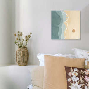 Female figure original painting by New Zealand artist Jade Barclay. Birds eye view of the beach, with line art over top. Styled on a bedroom wall.