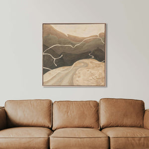 Original painting 'Dusty Roads' by artist Jade Barclay hung in Tasmanian Oak on a lounge wall.